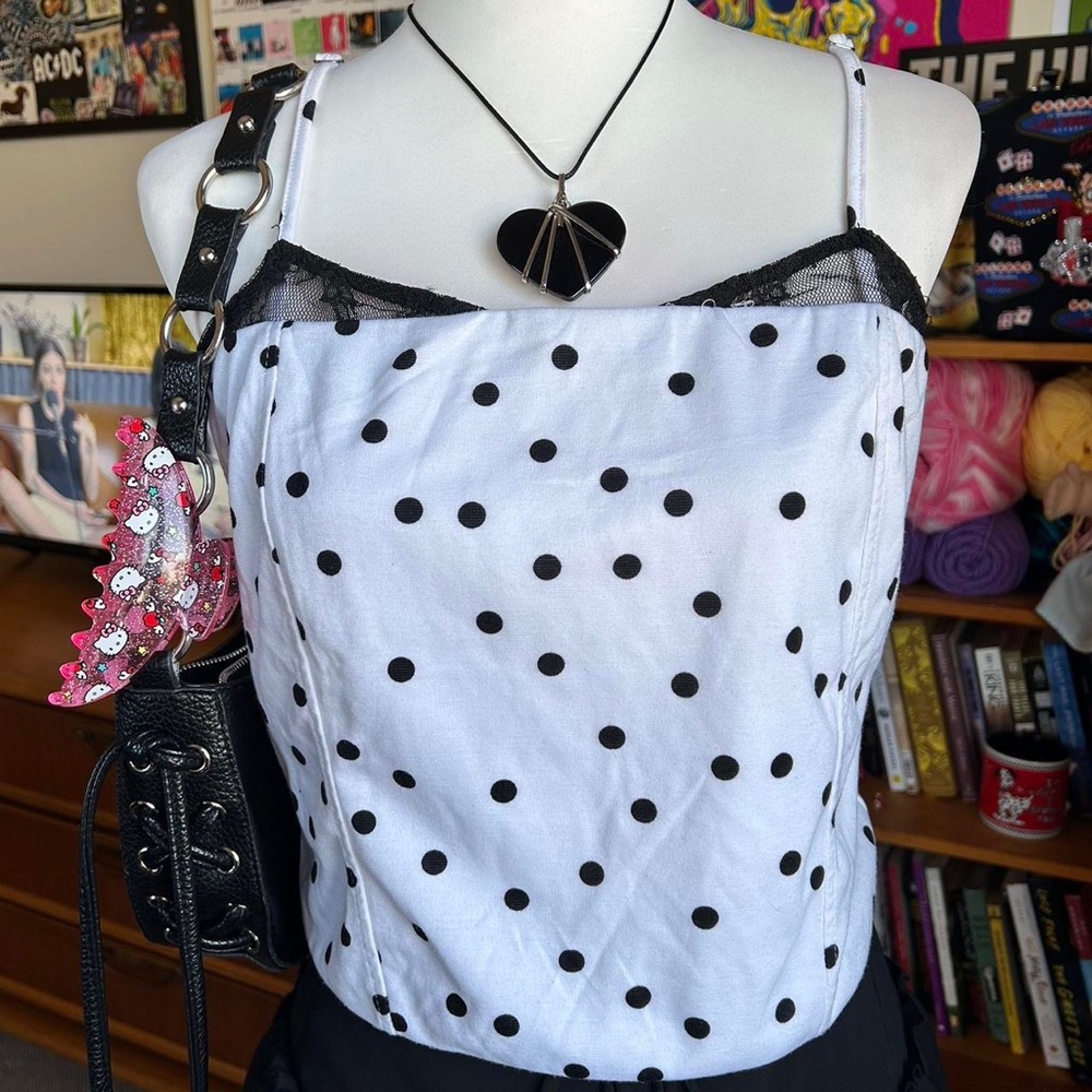 Women’s White Polka Dot Cami Top with Black Trim